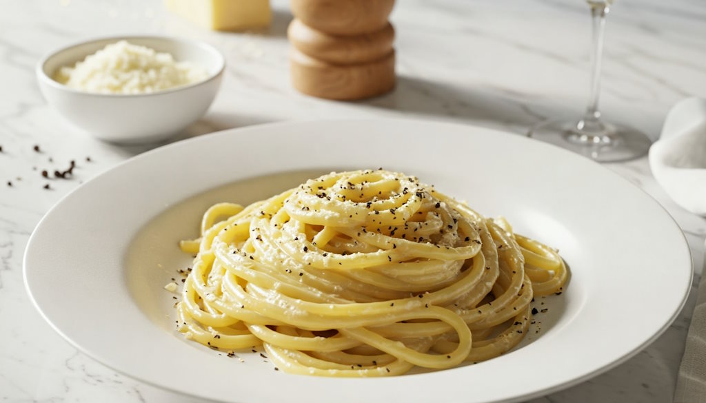 Bucatini Cacio e Pepe am Teller serviert mit geriebenem Pecorino