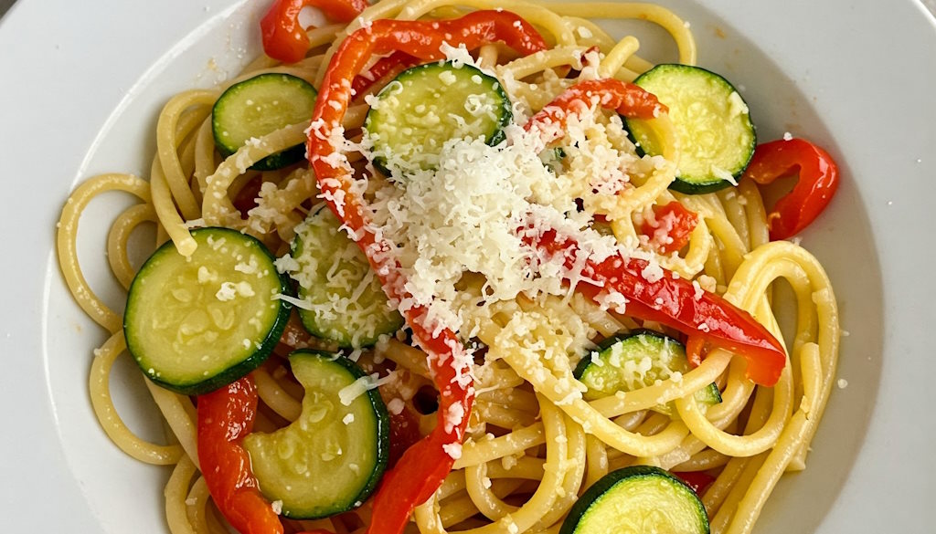 Bucatini alla Caruso frisch zubereitet mit Zucchinischeiben und roten Paprikastreifen und frisch geriebenen Pecorino-Käse oben drauf.