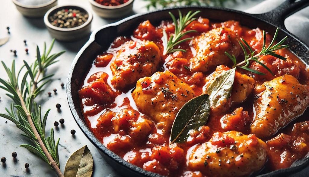 Coniglio alla Cacciatore Nahaufnahme mit Rosmarin und Lorbeerblättern