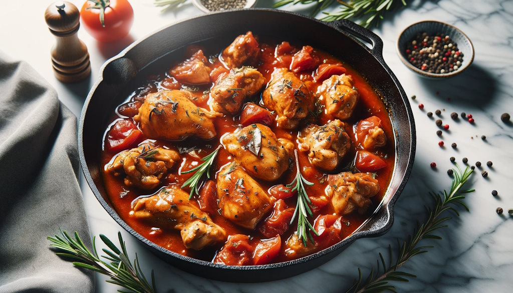 Coniglio alla Cacciatore in Tomatenmark und Tomatensoße mit frischem Rosmarin