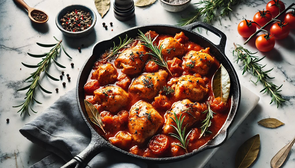 Das klassische Gericht Coniglio alla Cacciatore serviert in einer rustikalen Pfanne mit frischem Rosmarin und Lorbeer sowie mit geschmorten Cocktailtomaten.