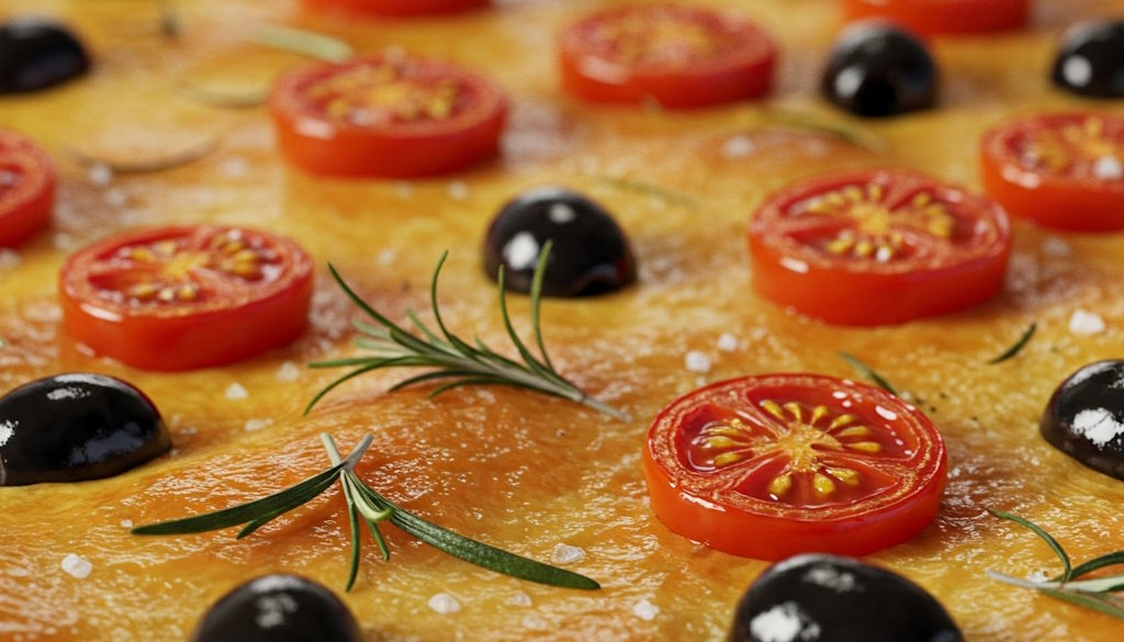 Schmackhafte Focaccia Barese mit schwarazen Oliven, Kirschtomaten und frischem Rosmarin.