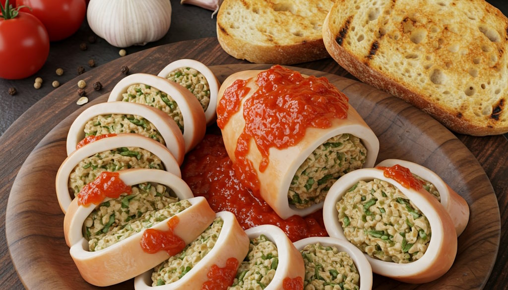 Calamari ripieni alla siciliana serviert mit Ciabatta und klassisch mit Tomatensoße.
