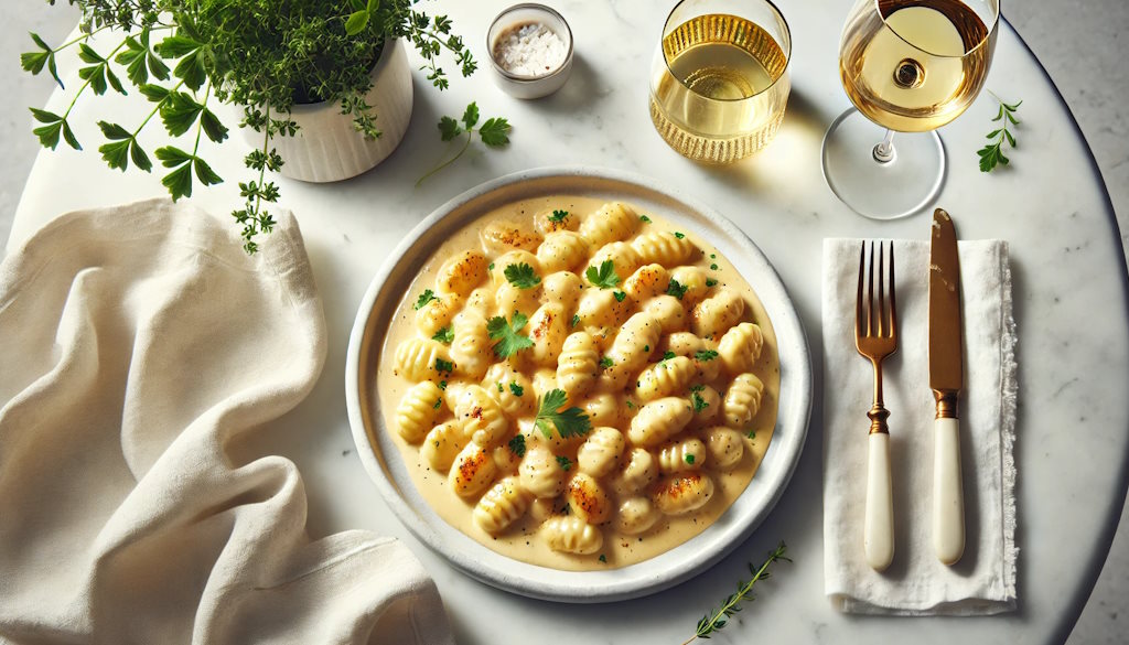 Gnocchi 4 Formaggi von oben fotografiert mit Petersilie serviert