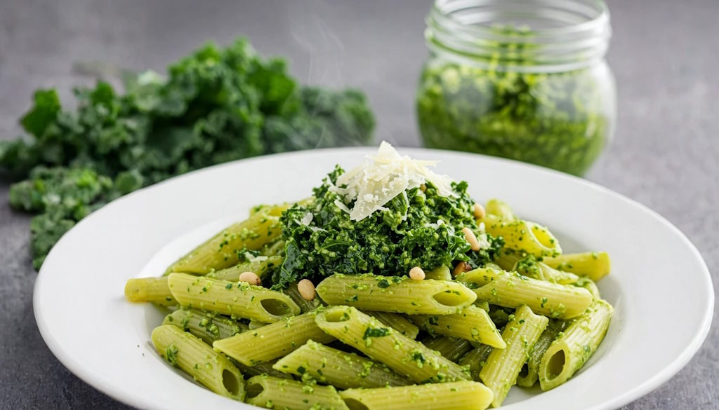Grünkohl-Pesto mit Penne und frischem Parmesan