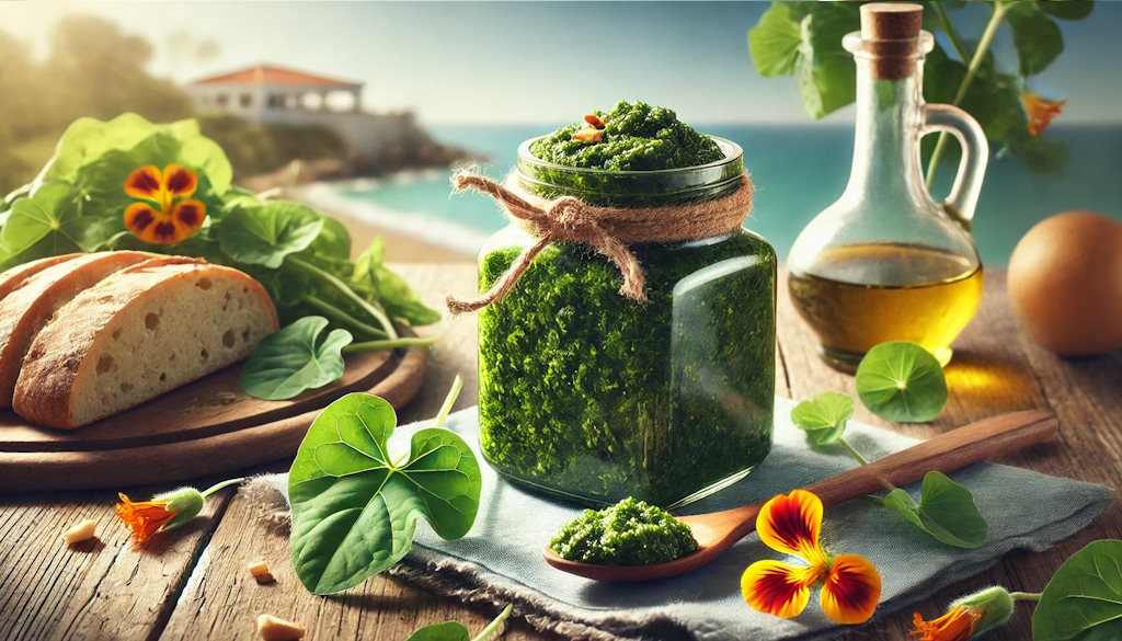 Kapuzinerkressepesto frisch zubereitet mit Ciabatta-Brot