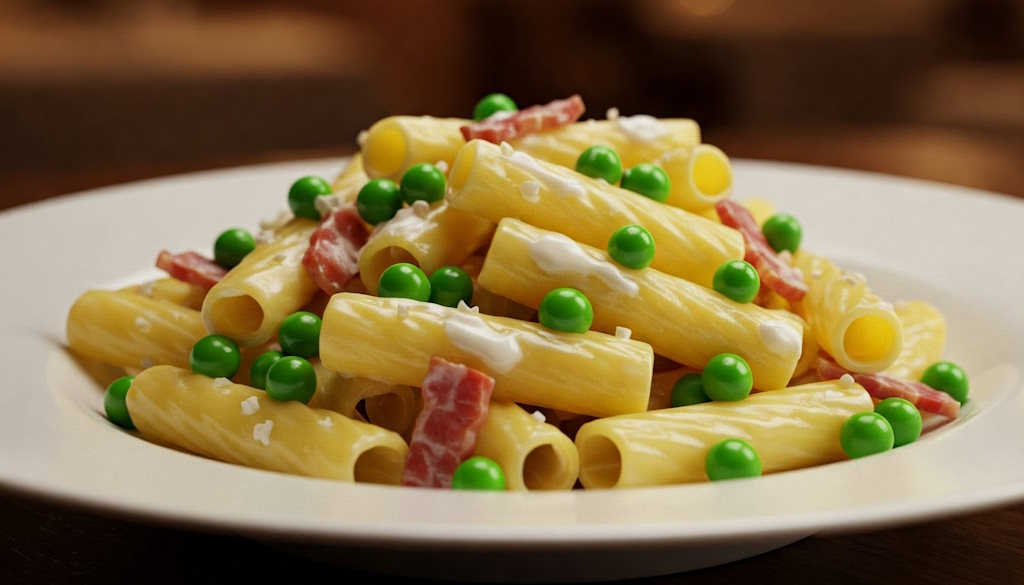 Maccheroni mit Pancetta und Erbsen also genau "Pasta Piselli e Pancetta"