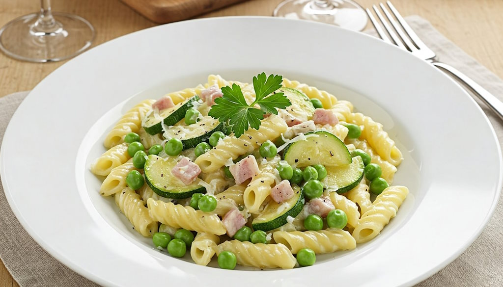 Gewellte Maccheroni mit angebratener Pancetta, Erbsen und Zucchini in Sahnesoße.