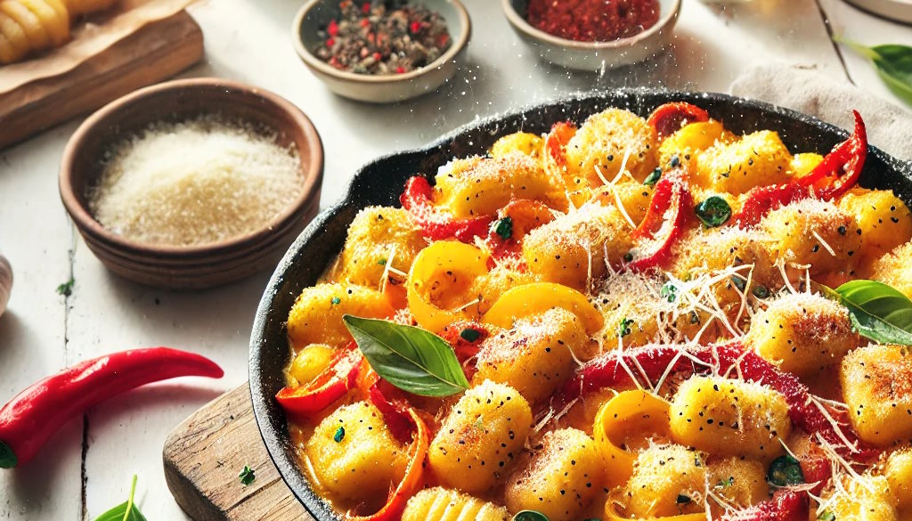 Gnocchi Paprika Pfanne serviert mit Basilikum und frischem Chili und geriebenem Parmesan in der Nahaufnahme Titelbild
