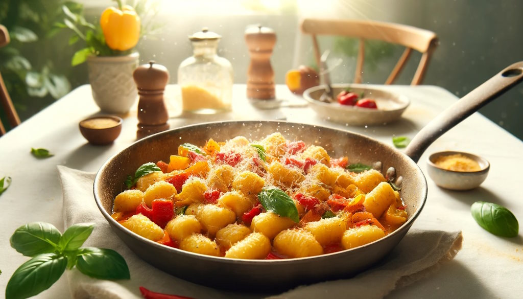 Gnocchi Paprika Pfanne serviert mit Basilikum und etwas Chili Gesamtaufnahme
