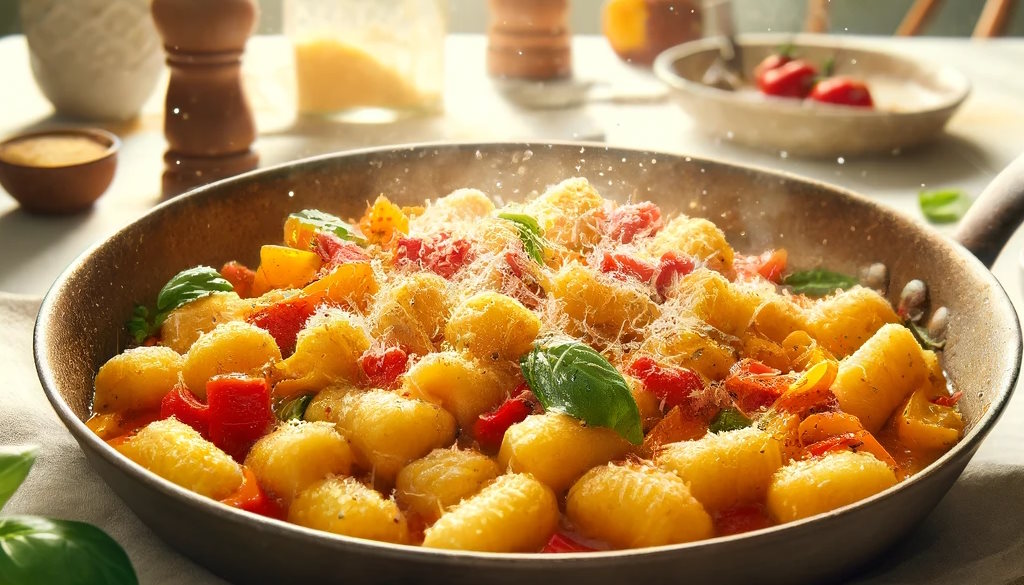Gnocchi Paprika Pfanne serviert mit Basilikum und etwas Chili