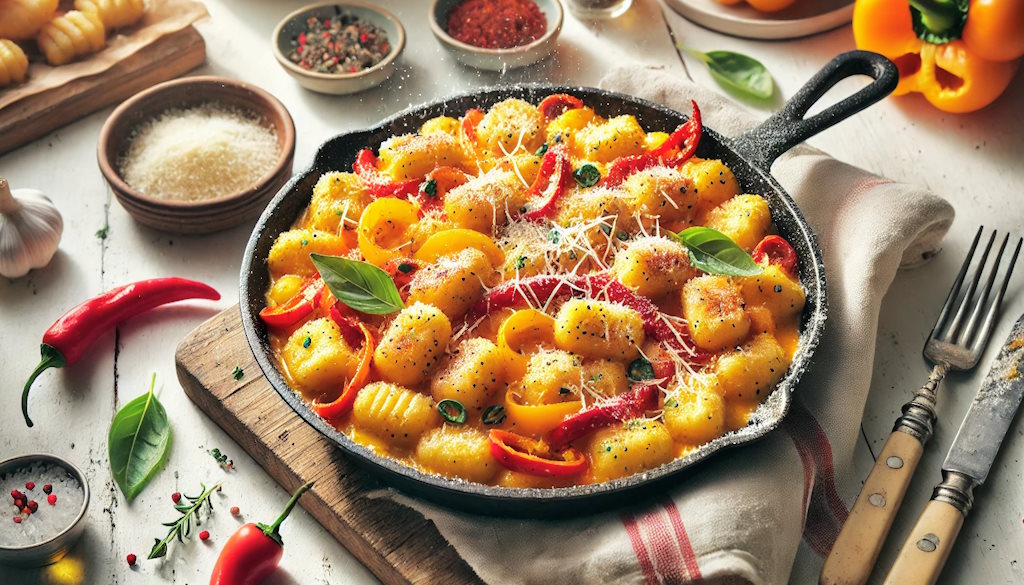 Gnocchi Paprika Pfanne serviert mit Basilikum und frischem Chili und geriebenem Parmesan.