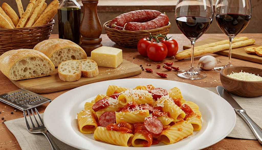 Paccheri alla Lupara mit Salsiccia grob geschnitten und Peperoncino.