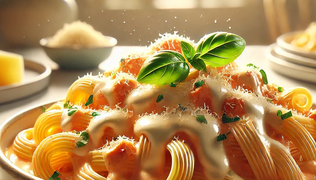Cremige Käsesauve auf Pasta al dente und Basilikum
