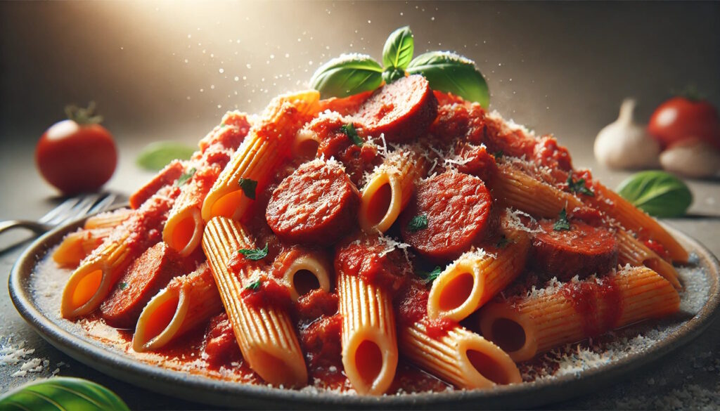 Penne Rigate mit italienischer Salsiccia, Tomatensoße, Parmesan und mit frischem Basilikum.