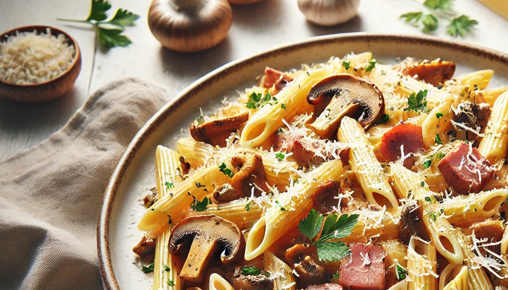 Penne alla Boscaiola mit dicken Stücken Schinken
