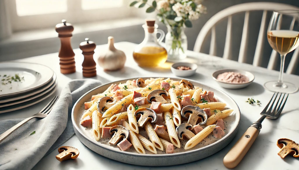 Penne alla Boscaiola cremig mit Schinken angerührt und edel serviert
