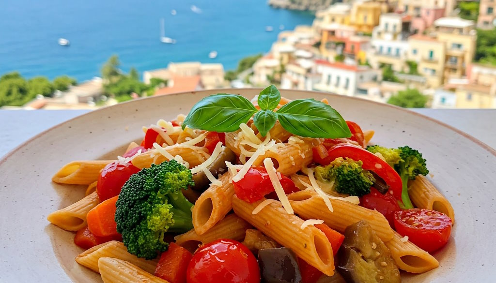 Penne Ortolana auf Süditalienische Art wie etwa in Neapel mit grob geschnittenen Cocktailtomaten, roten Paprika und Brokkoli