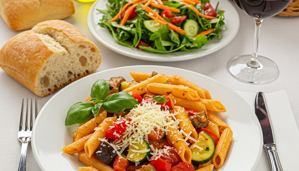 Penne alla Ortolana mit viel Parmesankäse und frischem Basilikum