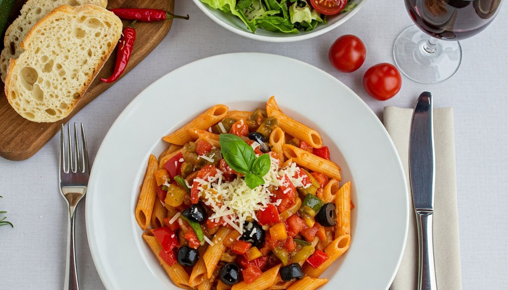 Penne alla Ortolana mit Oliven und Peperoncino