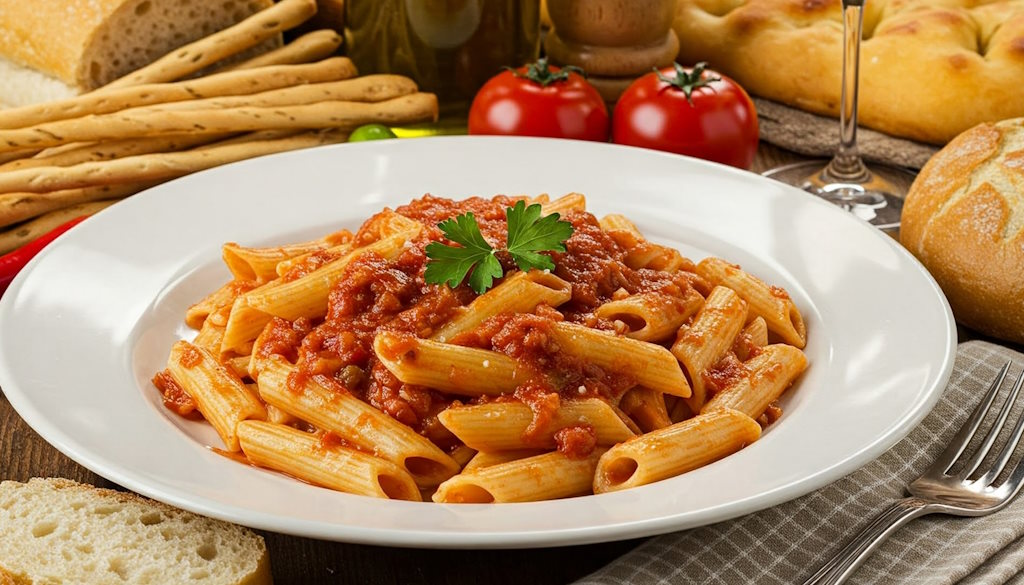 Penne alla Pecorara mit gehaltvoller Gemüse-Soße und Petersilie dekoriert.