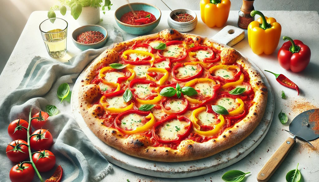 Peperonata Pizza mit Paprika-Gemüse sommerlich angerichtet