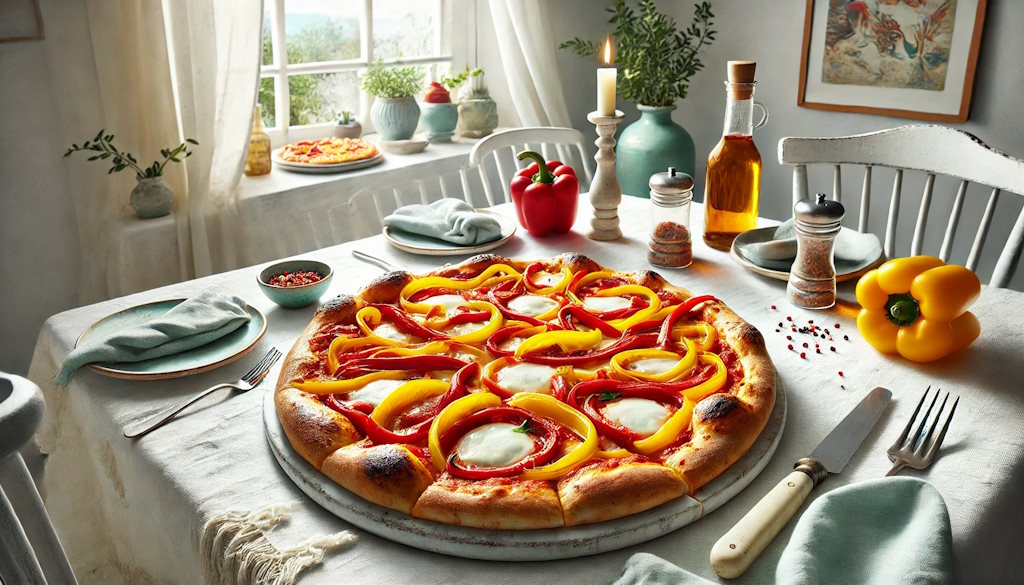 Peperonata Pizza mit Paprika Gemüse serviert