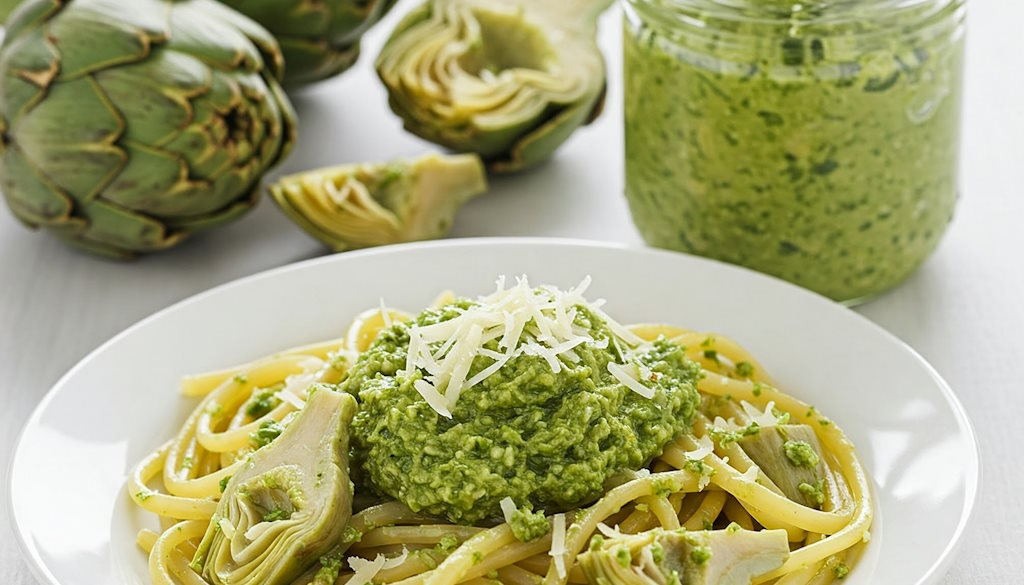 Pesto di Carciofi mit Linguine und frischen Artischocken-Hälften