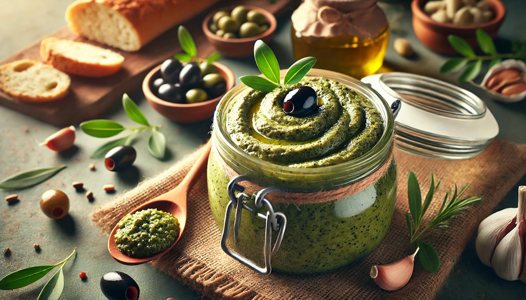 Pesto di Olive frisch zubereitet mit grünen und schwarzen Oliven