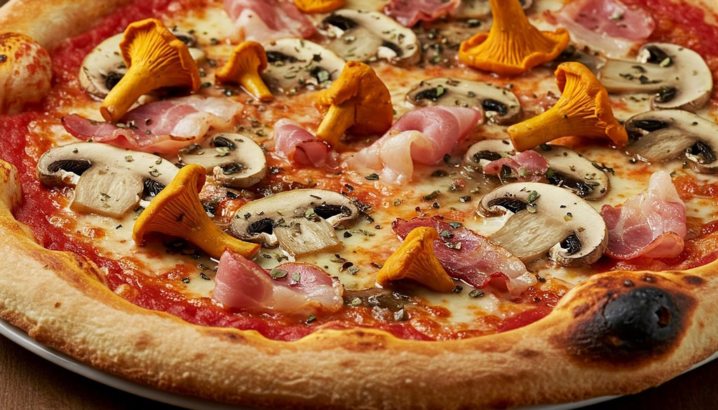 Pizza Boscaiola mit Speck, Champignons und frischen Pfifferlingen