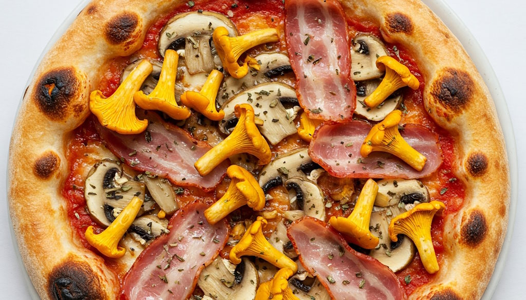 Pizza Boscaiola im neapolitanischen Stil mit Pancetta-Speckstreifen, Champignons und Pfifferlingen garniert mit Origano