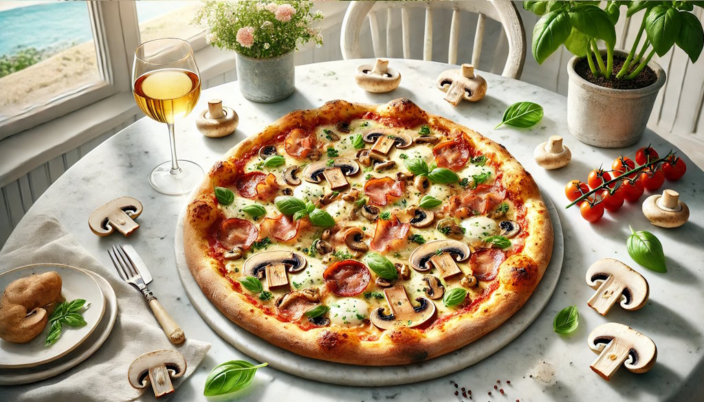 Pizza Boscaiola mit Speck und Salamiwurst sowie Basilikum