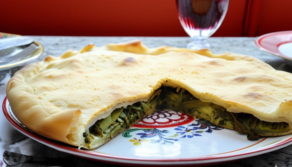 Pizza di Scarola Napoletana klassisch mit Rotwein serviert