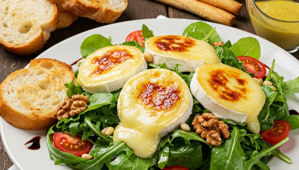 4 gratinierte Ziegenkäse über Rucola, Feldsalat, mit Cocktailtomaten, Walnüssen und Bruschetta.