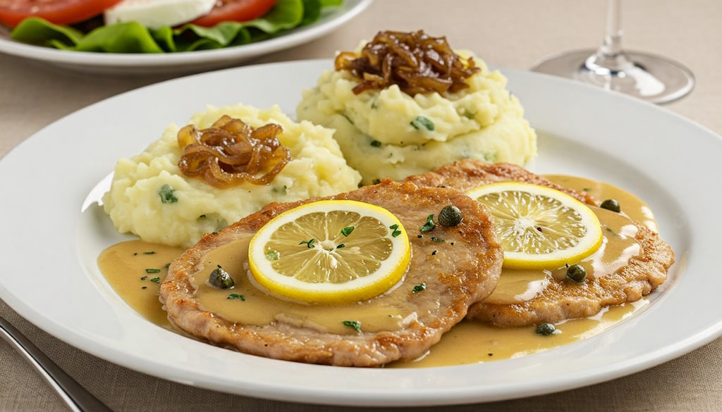 Scaloppine al Limone mit Kapern und Kartoffelpüree mit Zwiebeln