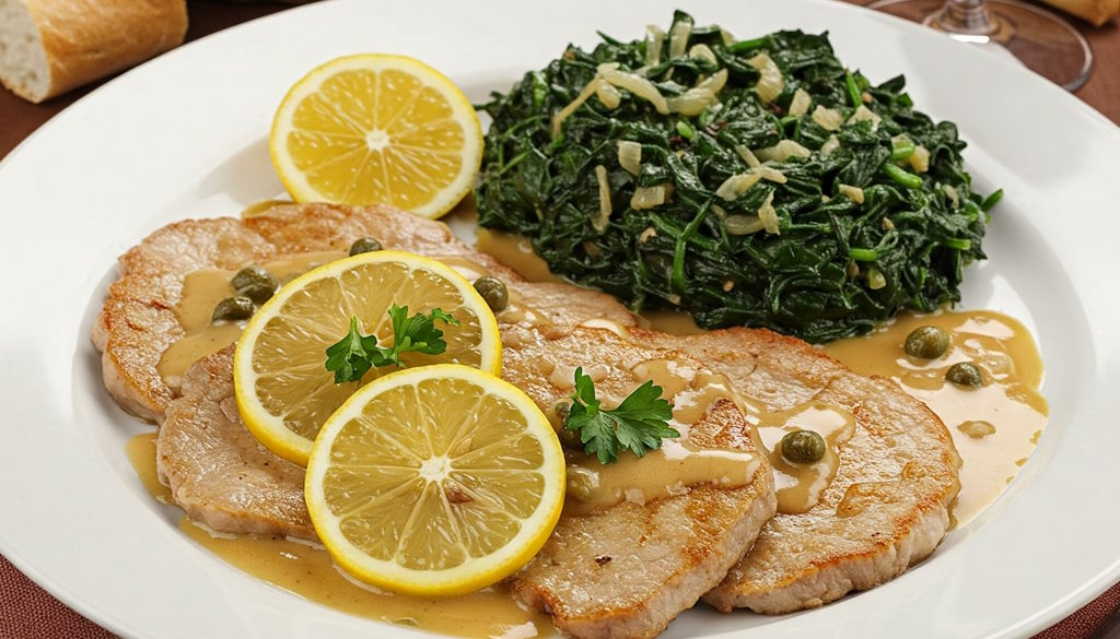 Scaloppina al Limone mit Spinat italienischer Art als Beilage