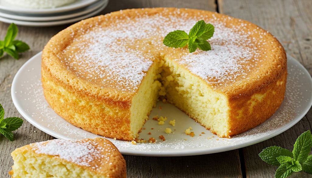 Sizilianischer Ricotta Kuchen mit Ricotta in den Teig eingerührt und mit Minze garniert