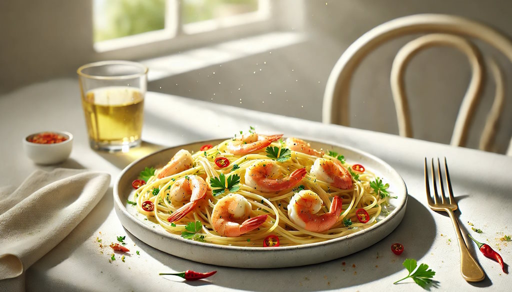 Spaghetti Aglio e Olio mit Garnelen und Chili sowie frischer Petersilie serviert.