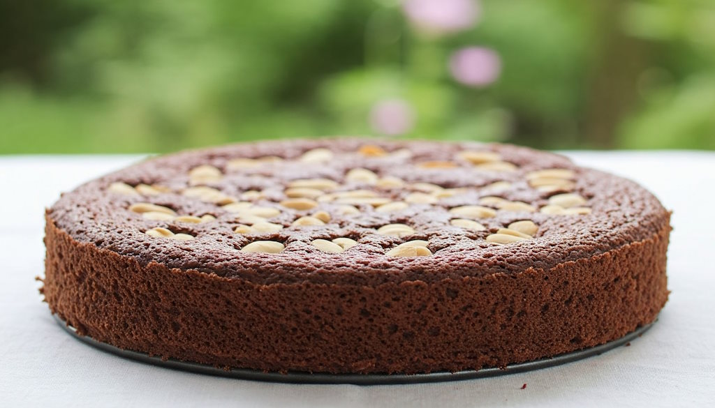 Flache Torta Caprese mit halbierten, geschälten Mandeln eingebacken.