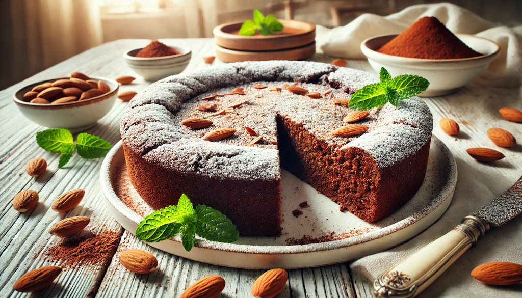 Torta Caprese mit ganzen Mandeln und Minze und viel Kakao.