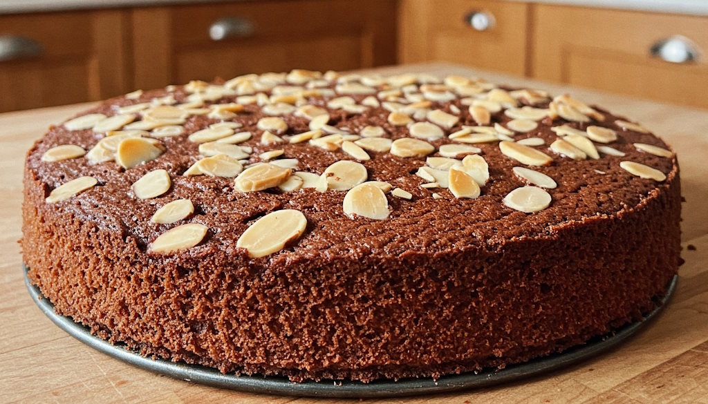 Klassische Torta Caprese frisch aus dem Ofen mit Mandelsplitter oben drauf.
