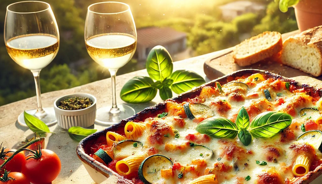 Vegetarischer Makkaroni-Auflauf mit Weißwein und Basilikum und Oregano