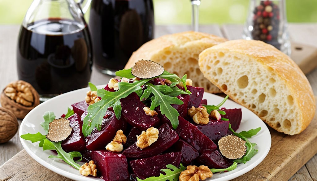 Rote Bete Salat mit Rucola und Walnüssen garniert mit Trüffelöl und gehobeltem schwarzen Trüffel
