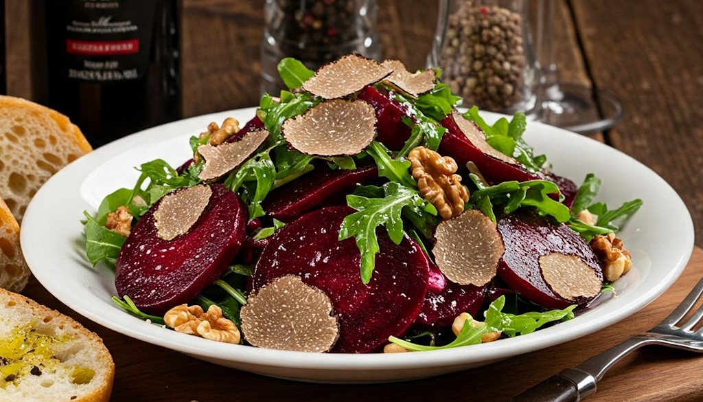 Rote Beete Salat mit Rucola-Bett, gerösteten Haselnüssen und viel Trüffelscheiben.