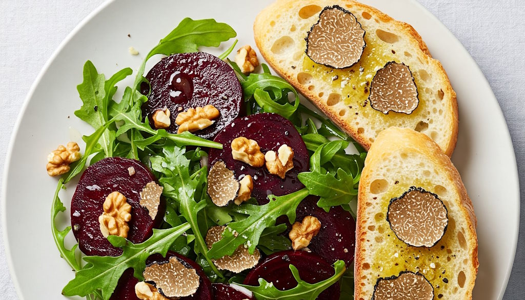 Rote Bete auf Rucola-Bett mit Walnüssen und schwarzem Sommertrüffel
