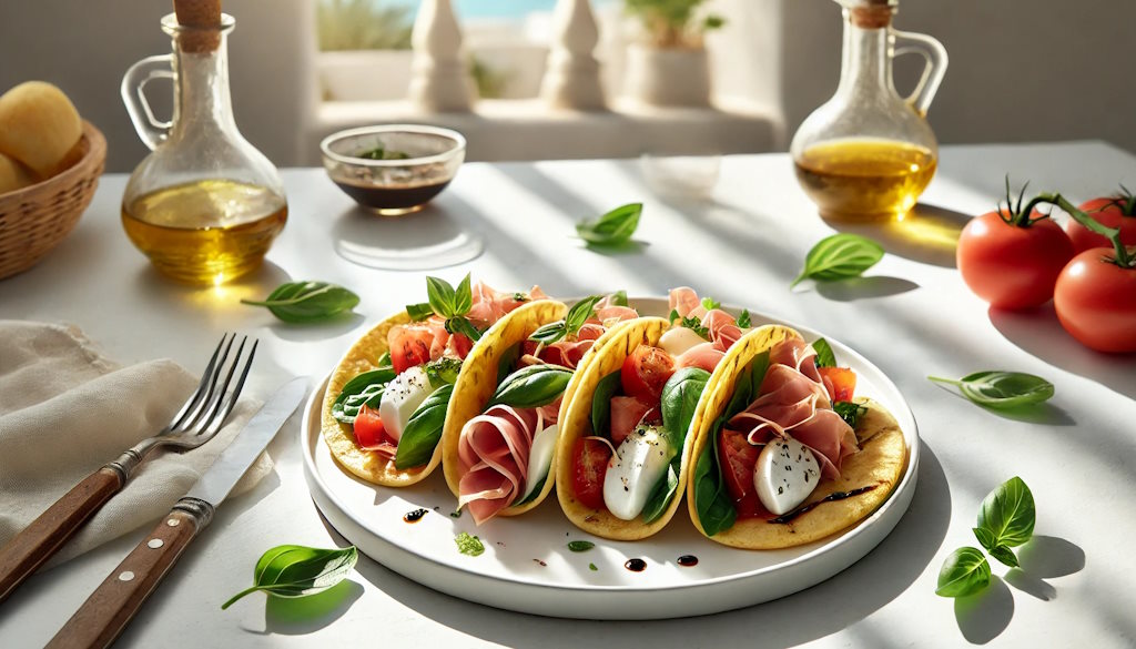 Burrata Tacos mit Parmaschinken serviert am Teller