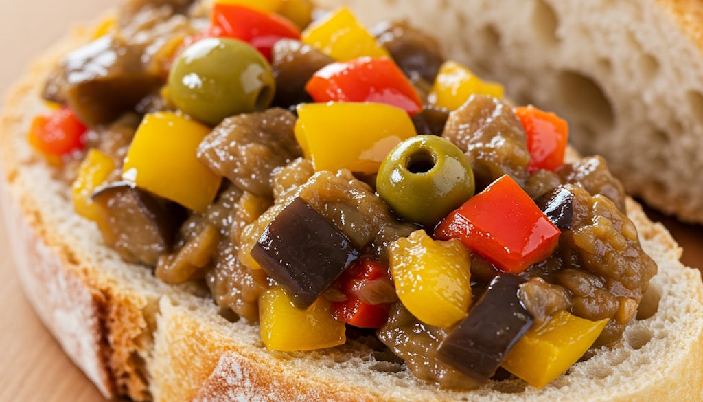 Sizilianische Caponata auf einer Brotscheibe serviert