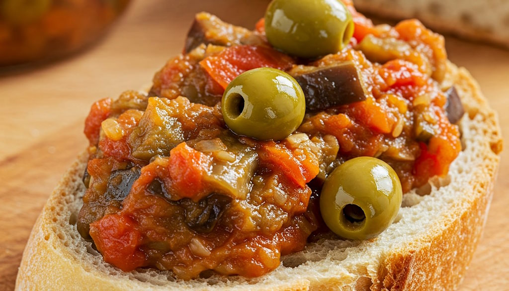 Sizilianische Caponata mit ganzen grünen Oliven auf einer Scheibe Brot