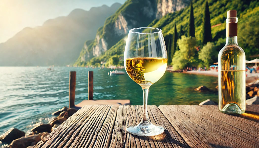 Die besten Weingüter am Gardasee Beitragsbild mit Weißwein am Seeufer