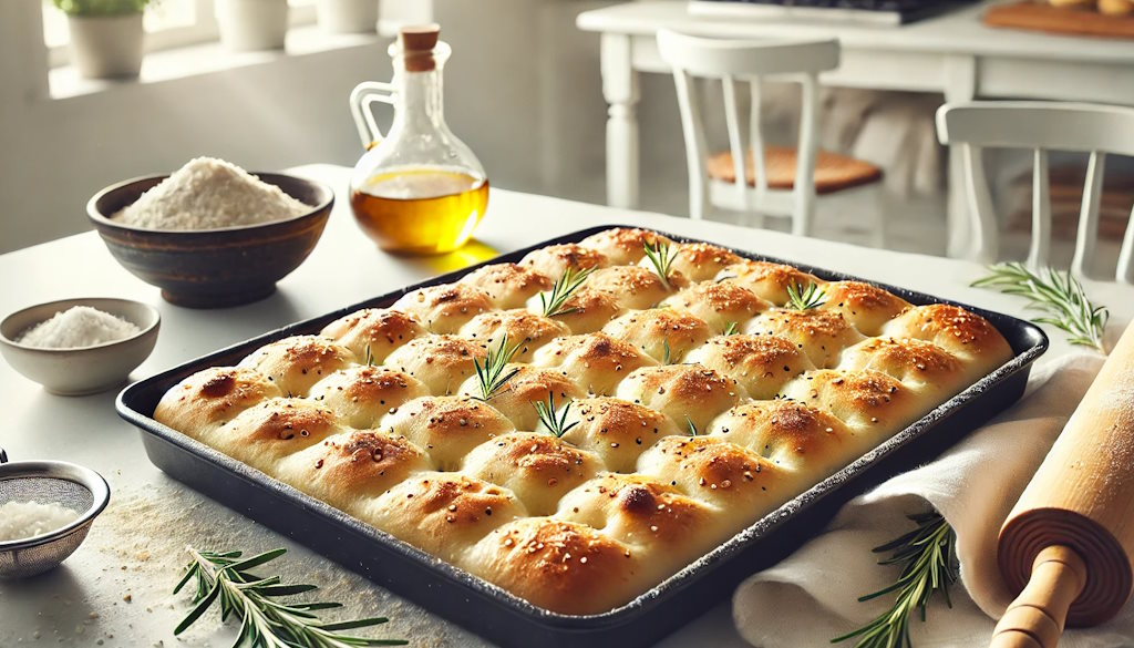 Focaccia Ligure am Backblech quadratisch mit Rosmarin garniert